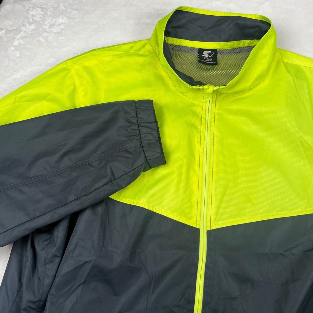 Starter Mens XL Windbreaker Jacket Neon Yellow Gray Full Zip Mesh Lined Ripstop